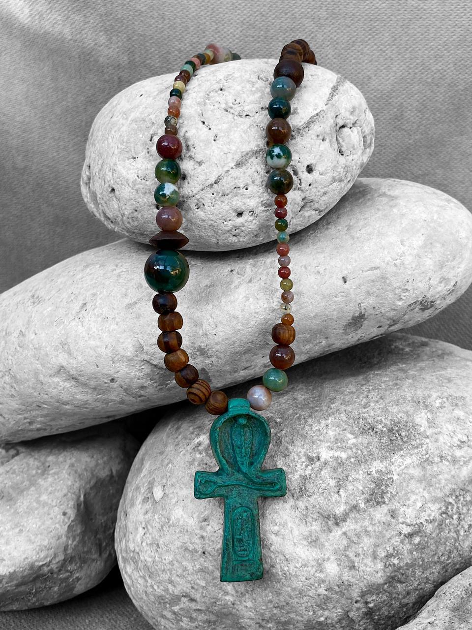 Moss Agate and Wood Key of Life Necklace