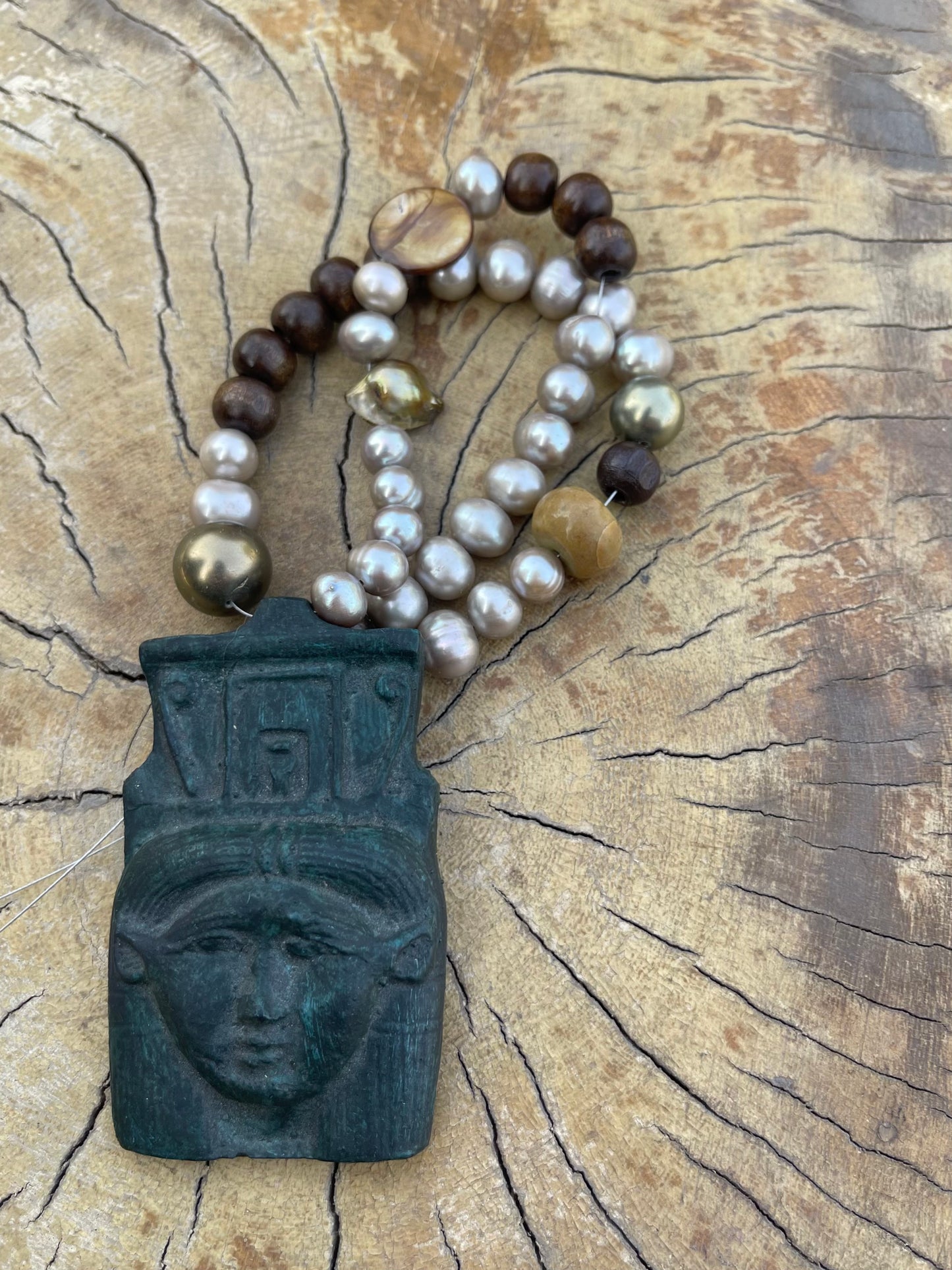 Natural Mother of Pearl, and Wood Hathor Necklace