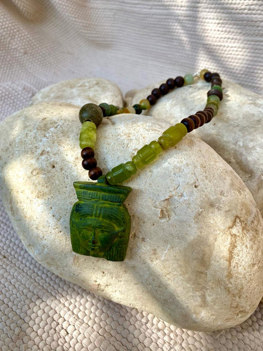 Hathor, Jade, Moss Agate and Wood Necklace