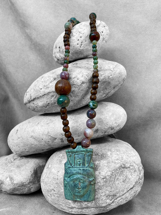 Hathor, Moss Agate and Wood Necklace