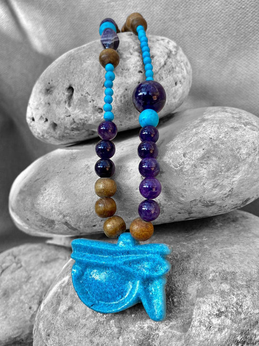 Turquoise, Amethyst, and Wood Eye of Horus Necklace