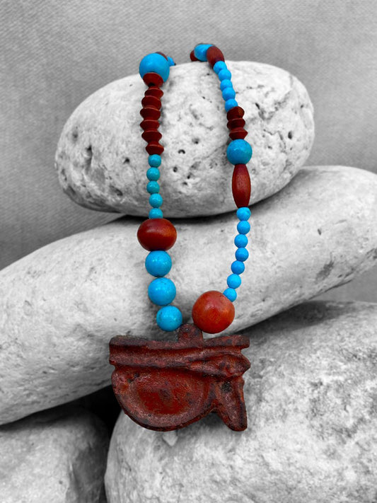 Turquoise and Wood Eye of Horus Necklace