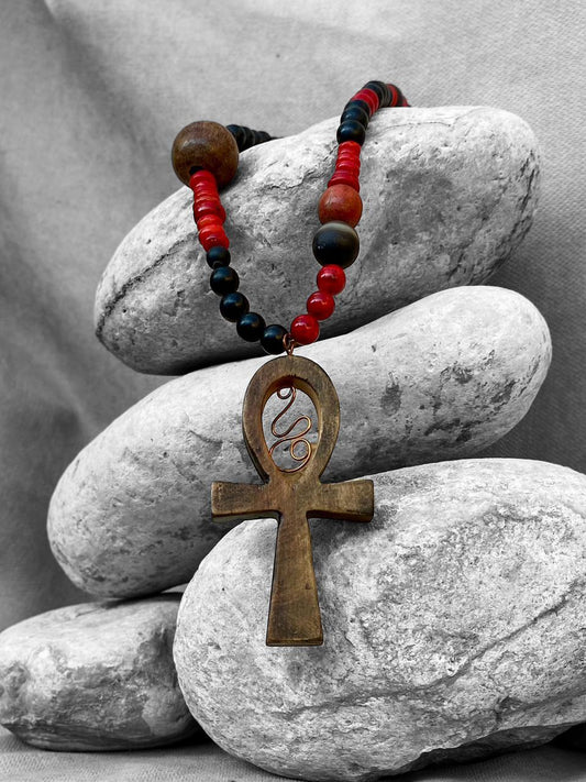 Onyx, Red coral and Wood Key of Life Necklace