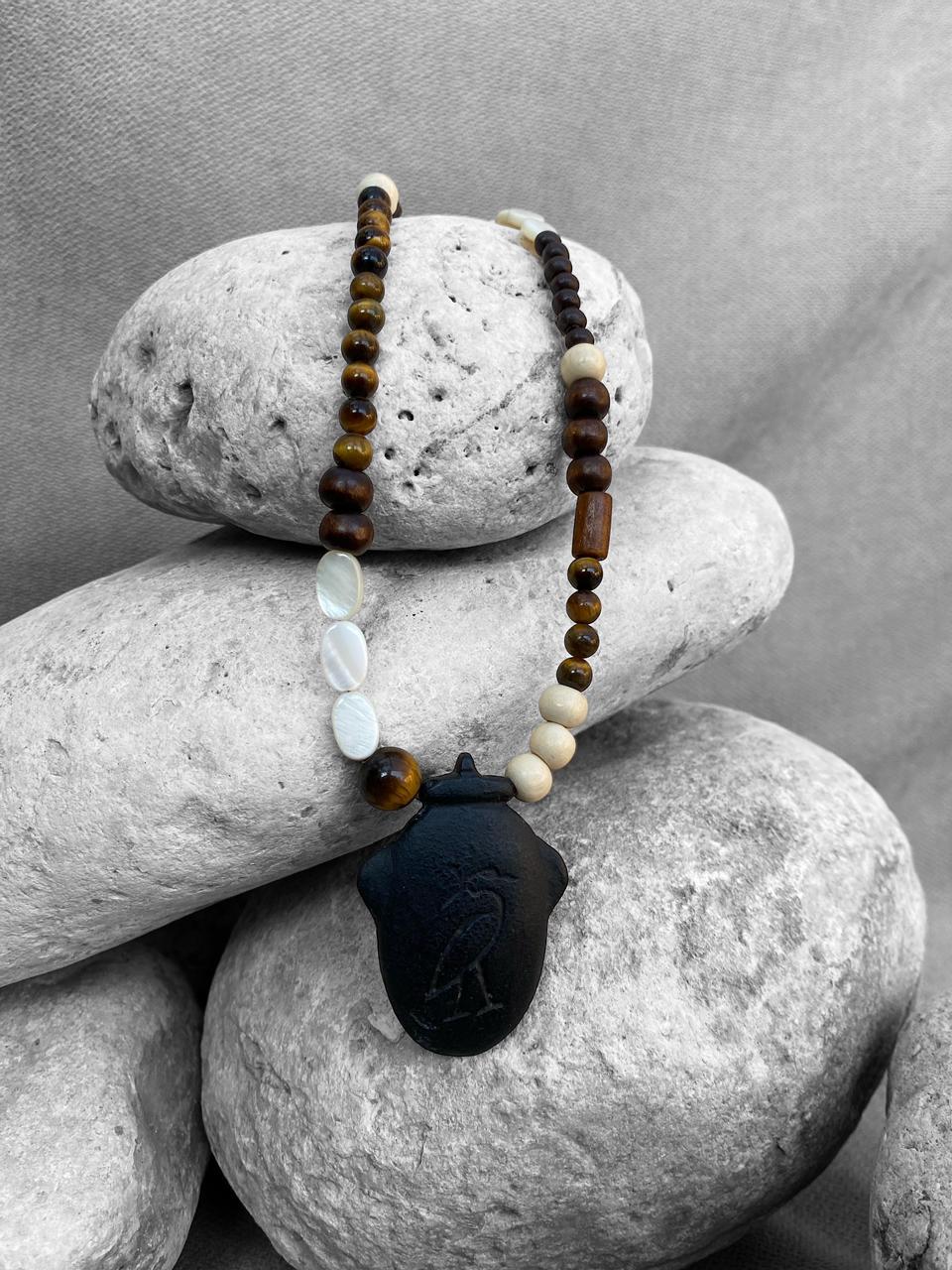 Leb, Tiger eye, Mother of pearl and Wood Necklace