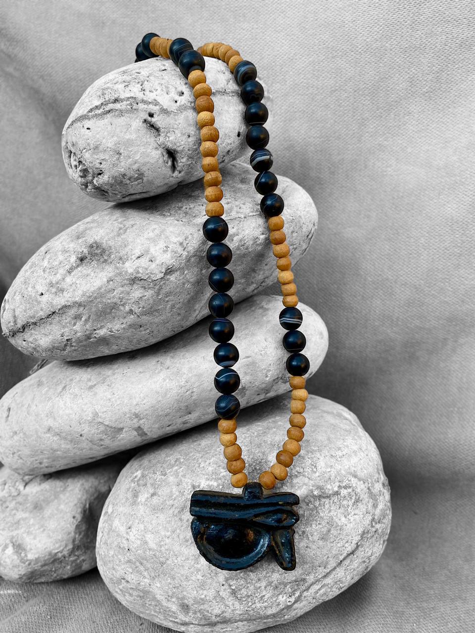 Eye of Horus, Onyx and Wood Necklace